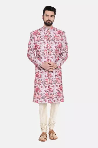 Linen Red Pink Printed Sherwani
