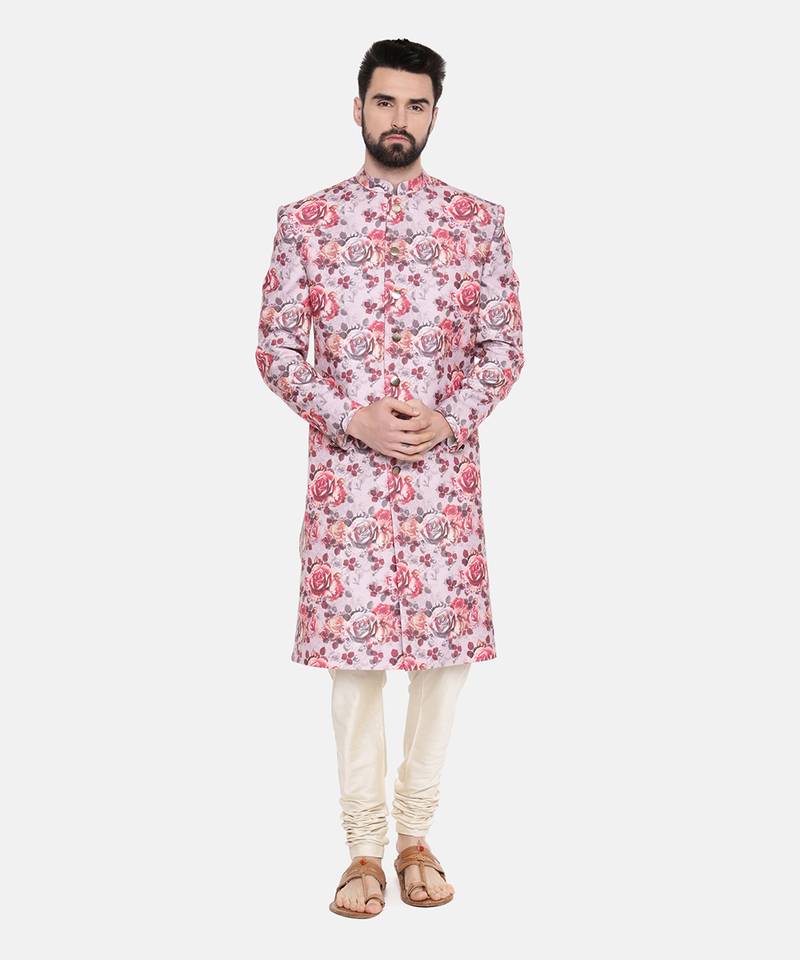 Linen Red Pink Printed Sherwani