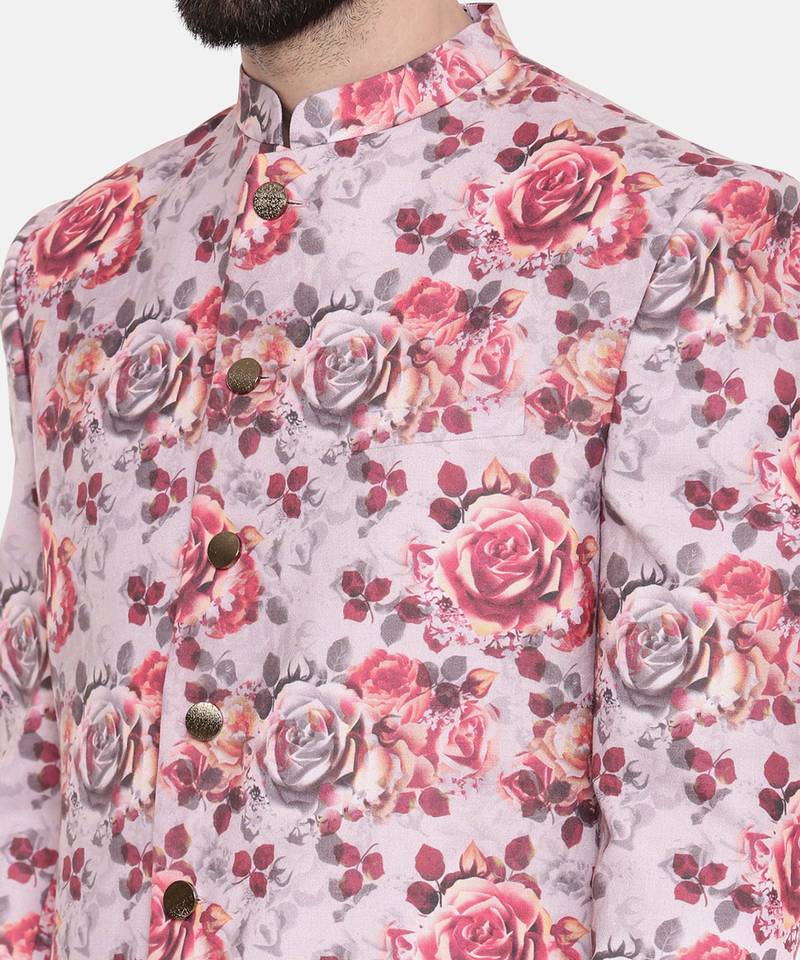 Linen Red Pink Printed Sherwani