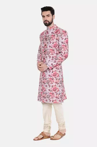 Linen Red Pink Printed Sherwani
