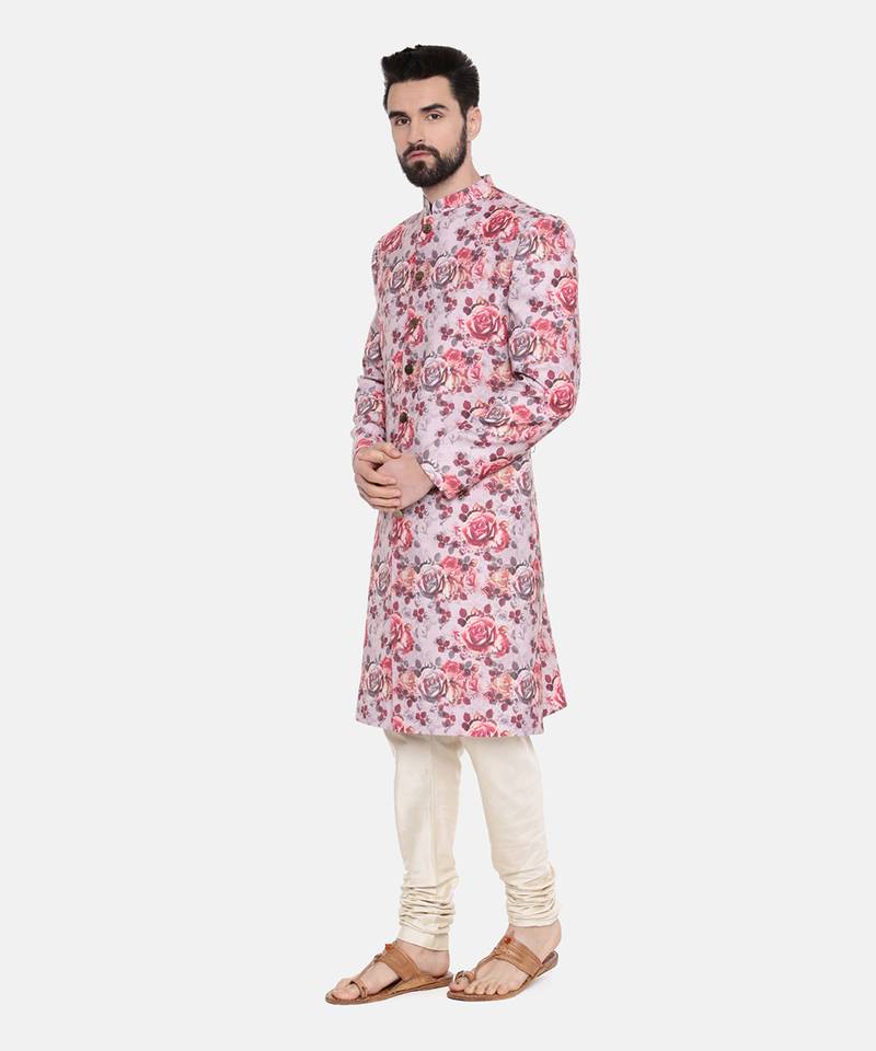 Linen Red Pink Printed Sherwani