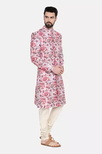 Linen Red Pink Printed Sherwani