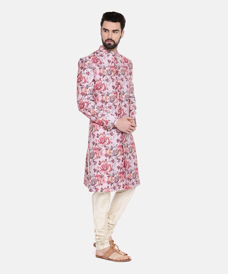 Linen Red Pink Printed Sherwani