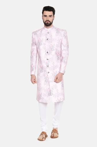 Pink Printed lInen Sherwani