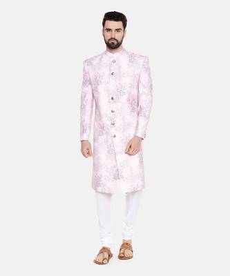 Pink Printed lInen Sherwani 1