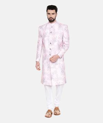 Pink Printed lInen Sherwani 2