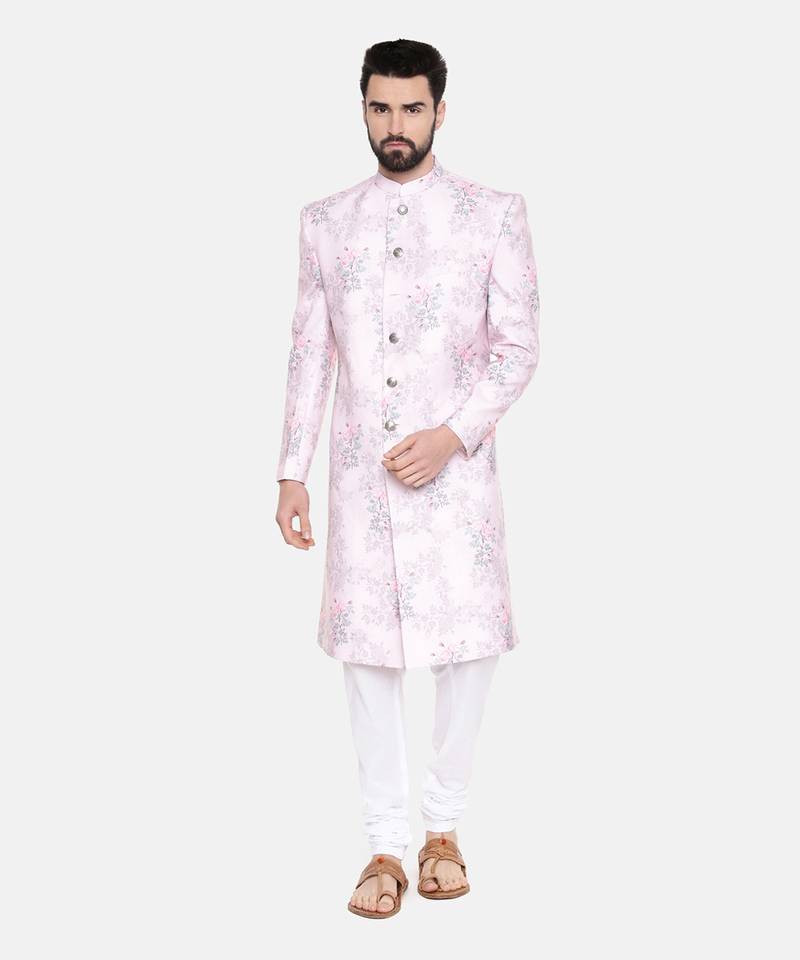 Pink Printed lInen Sherwani