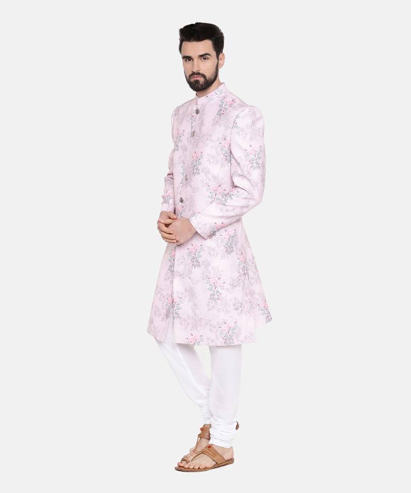 Pink Printed lInen Sherwani