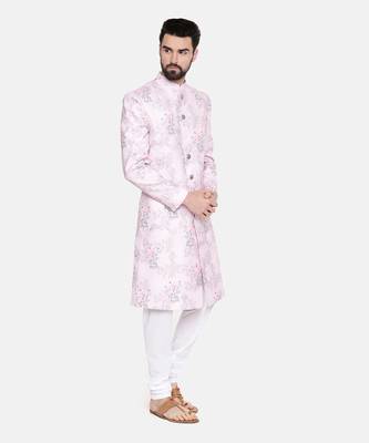 Pink Printed lInen Sherwani 5