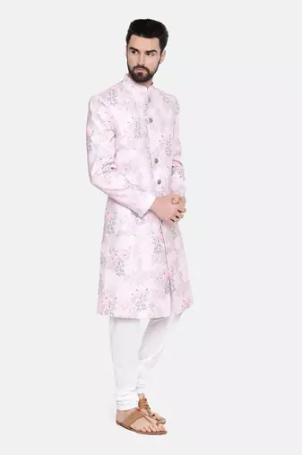 Pink Printed lInen Sherwani