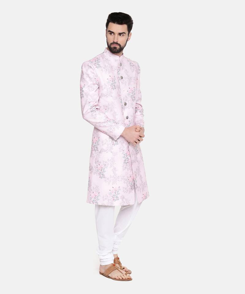 Pink Printed lInen Sherwani