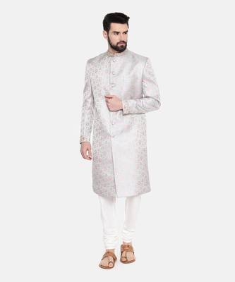 Silver Pink Banares Silk Jaquard Sherwani 1