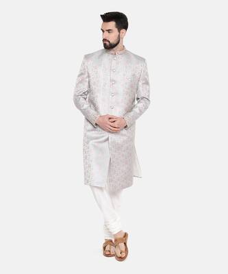 Silver Pink Banares Silk Jaquard Sherwani 2