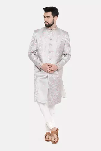 Silver Pink Banares Silk Jaquard Sherwani
