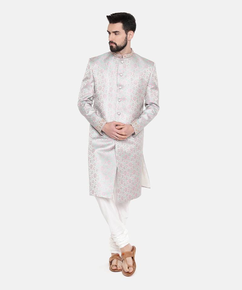 Silver Pink Banares Silk Jaquard Sherwani