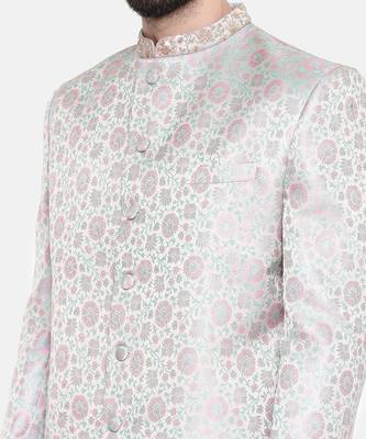 Silver Pink Banares Silk Jaquard Sherwani 3