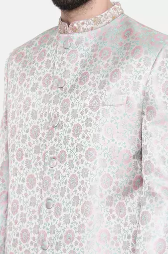 Silver Pink Banares Silk Jaquard Sherwani
