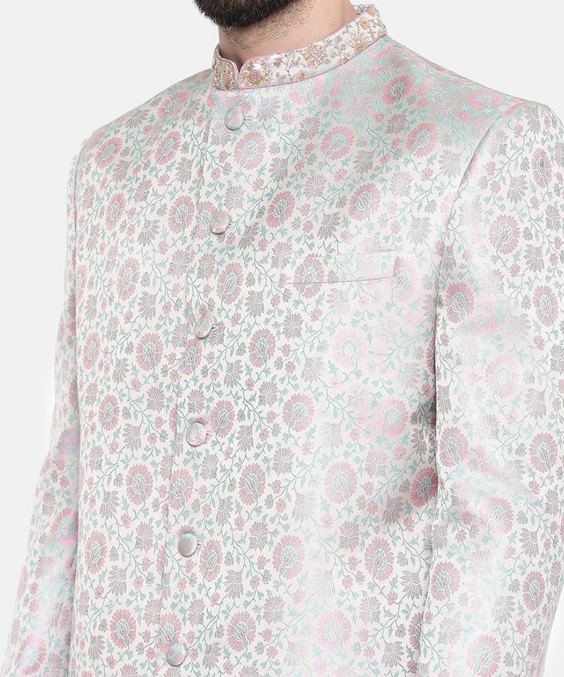 Silver Pink Banares Silk Jaquard Sherwani