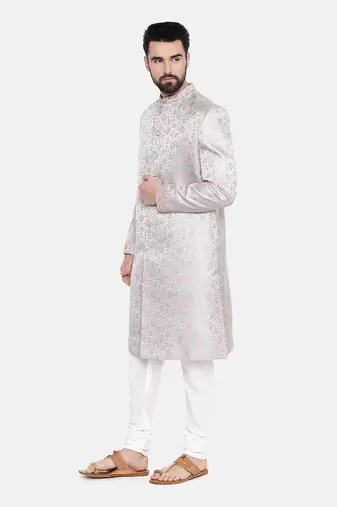 Silver Pink Banares Silk Jaquard Sherwani