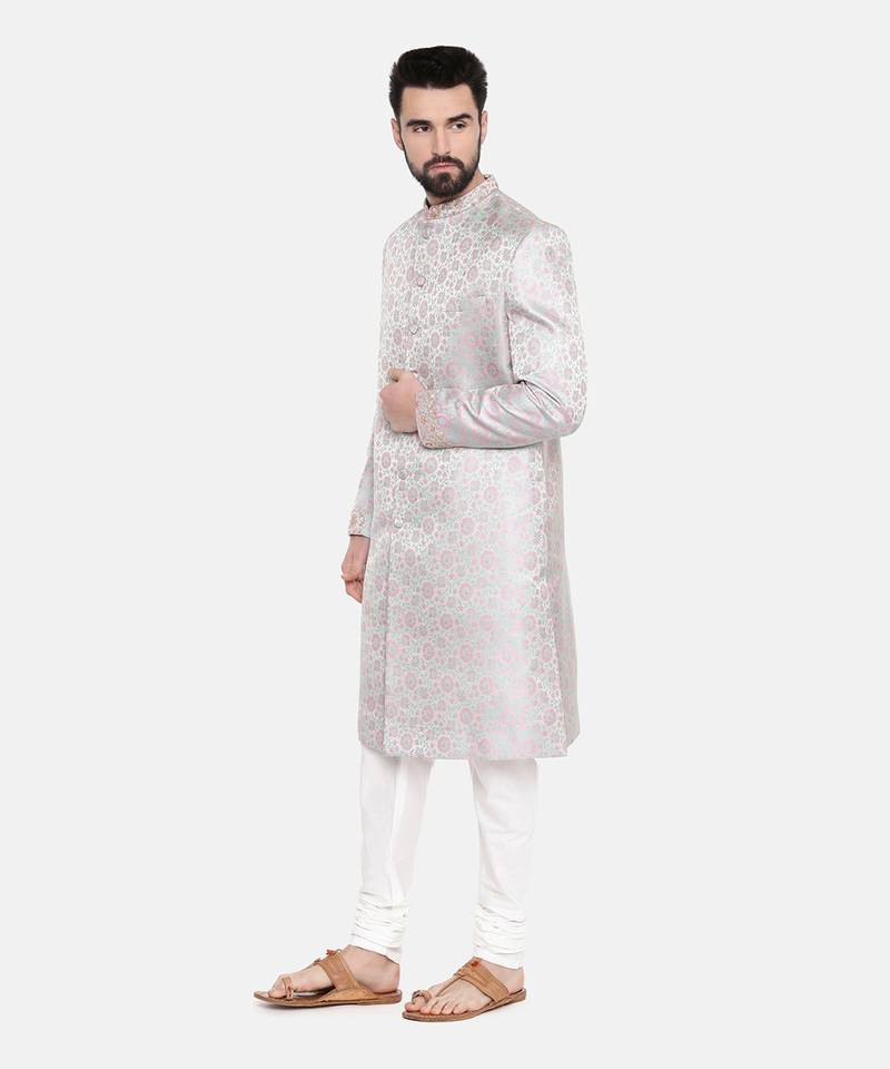Silver Pink Banares Silk Jaquard Sherwani