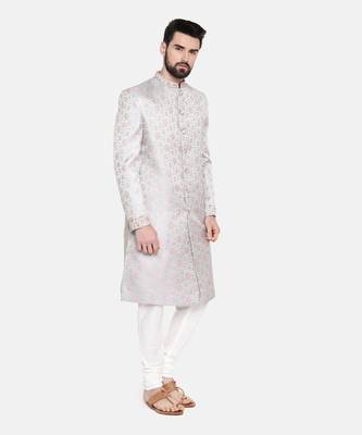 Silver Pink Banares Silk Jaquard Sherwani 5