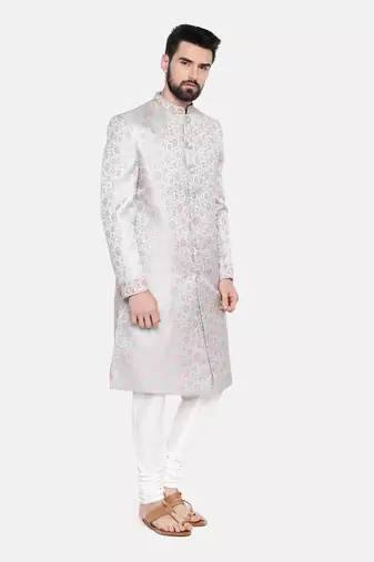 Silver Pink Banares Silk Jaquard Sherwani