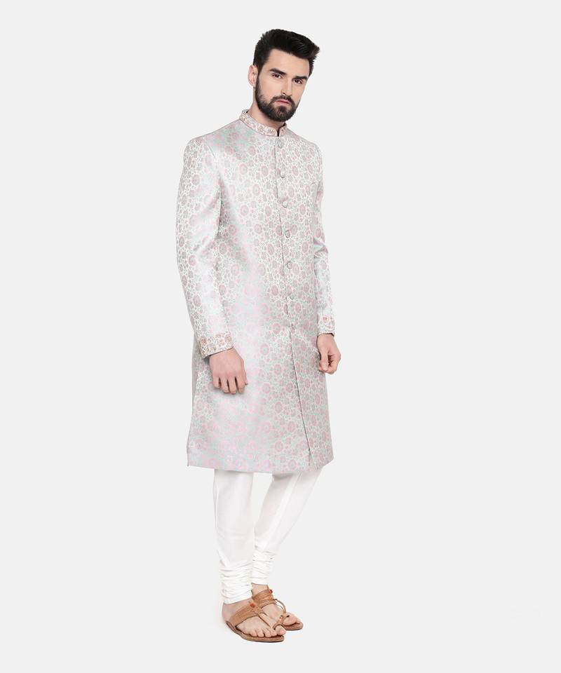 Silver Pink Banares Silk Jaquard Sherwani
