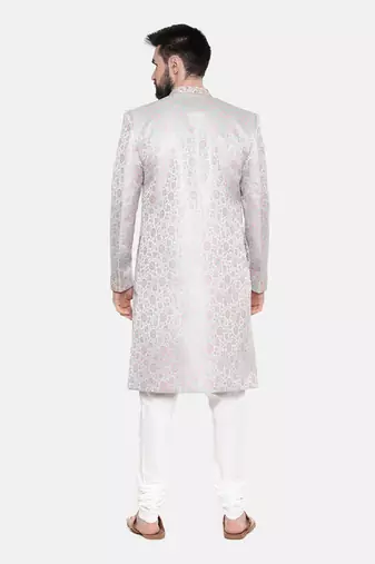 Silver Pink Banares Silk Jaquard Sherwani