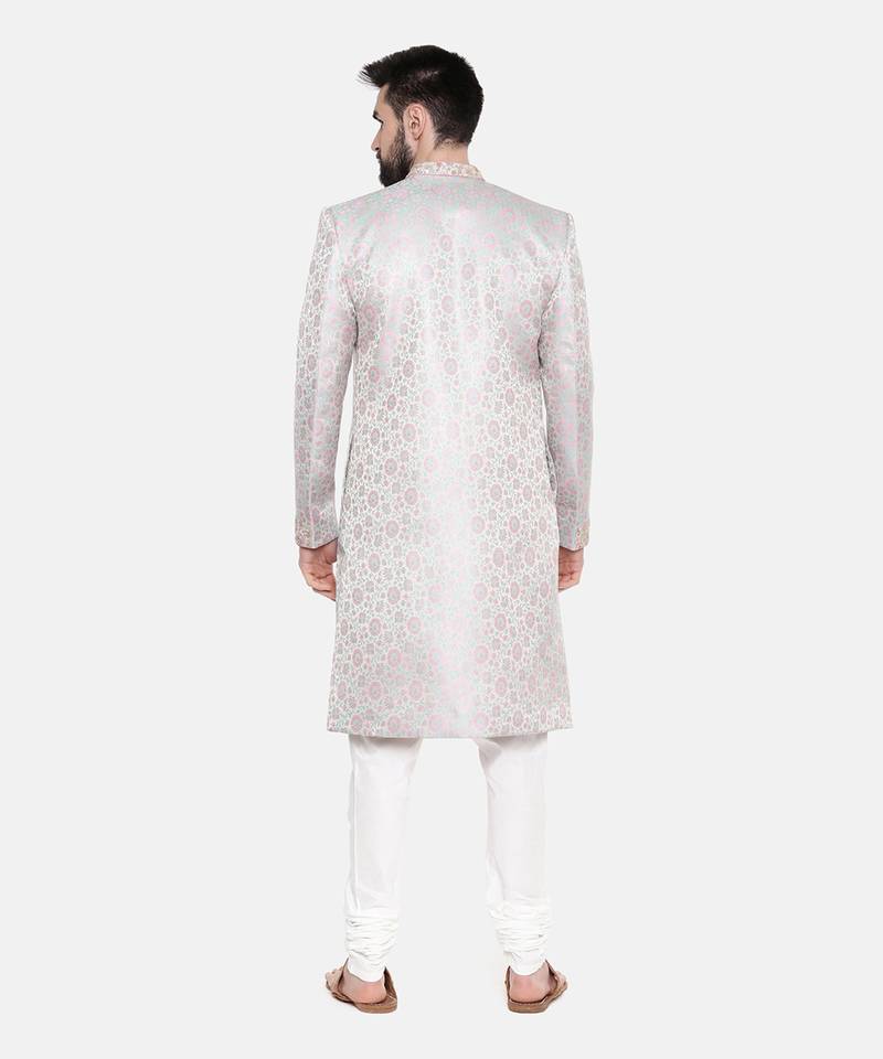 Silver Pink Banares Silk Jaquard Sherwani