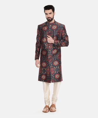 Bemberg Linen Red Green Printed Sherwani 1