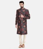 Bemberg Linen Red Green Printed Sherwani