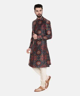 Bemberg Linen Red Green Printed Sherwani 2