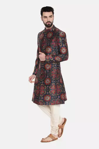 Bemberg Linen Red Green Printed Sherwani