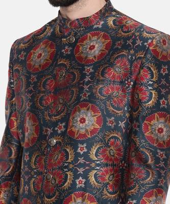 Bemberg Linen Red Green Printed Sherwani 3