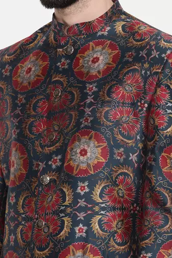 Bemberg Linen Red Green Printed Sherwani