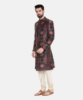 Bemberg Linen Red Green Printed Sherwani 4