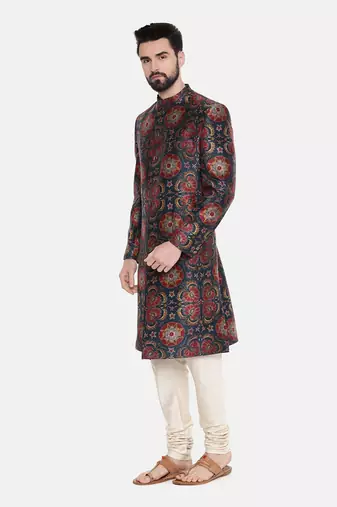 Bemberg Linen Red Green Printed Sherwani