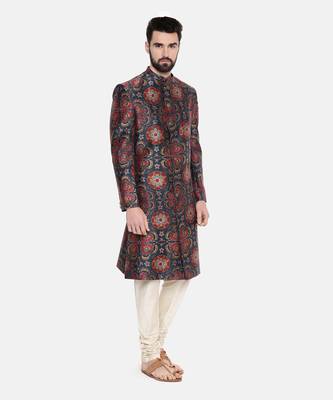 Bemberg Linen Red Green Printed Sherwani 5