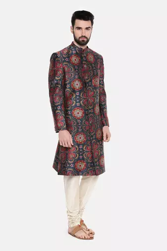 Bemberg Linen Red Green Printed Sherwani