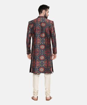 Bemberg Linen Red Green Printed Sherwani 6