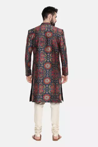 Bemberg Linen Red Green Printed Sherwani