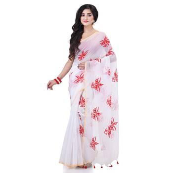 White cotton silk handloom cotton blend saree uma embroidery work design with blouse piece 1