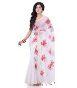 White cotton silk handloom cotton blend saree uma embroidery work design with blouse piece