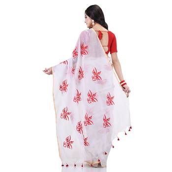 White cotton silk handloom cotton blend saree uma embroidery work design with blouse piece 2