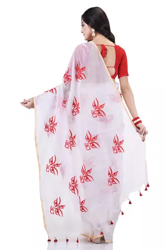 White cotton silk handloom cotton blend saree uma embroidery work design with blouse piece
