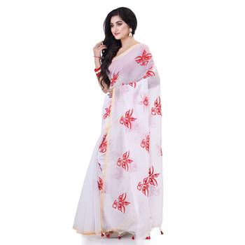 White cotton silk handloom cotton blend saree uma embroidery work design with blouse piece 3