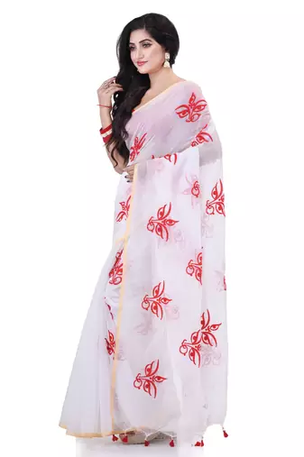 White cotton silk handloom cotton blend saree uma embroidery work design with blouse piece