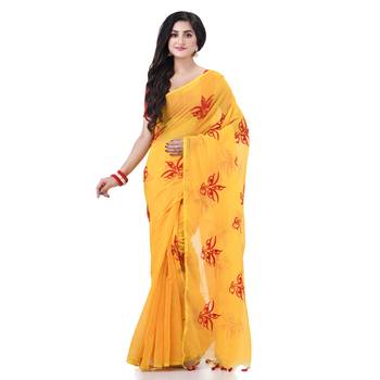 Yellow cotton silk handloom cotton blend saree uma embroidery work design with blouse piece 1