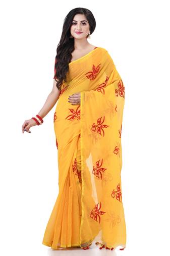 Yellow cotton silk handloom cotton blend saree uma embroidery work design with blouse piece