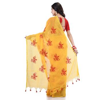 Yellow cotton silk handloom cotton blend saree uma embroidery work design with blouse piece 2